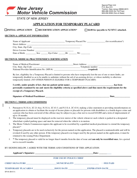 First page of the Application for Temporary Placard