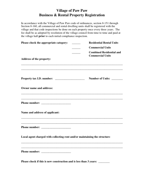 First page of the Business & Rental Property Registration