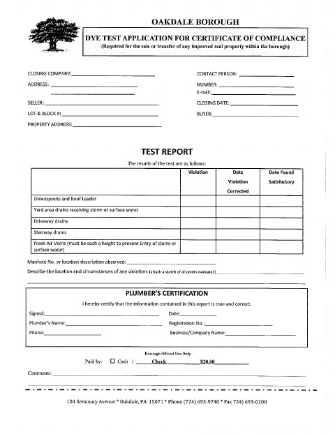First page of the Sanitary Sewer Dye Test Application for Certificate of Compliance