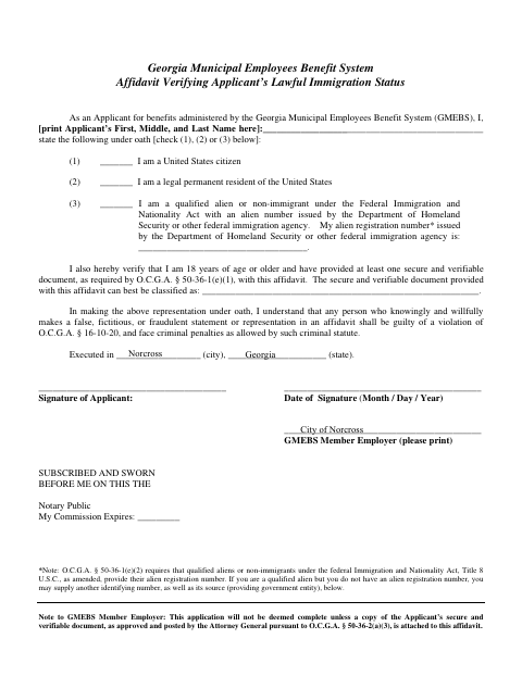 First page of the GMEBS Affidavit Verifying Applicant’s Lawful Immigration Status