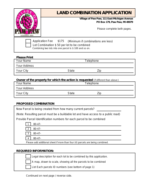 First page of the Land Combination Application