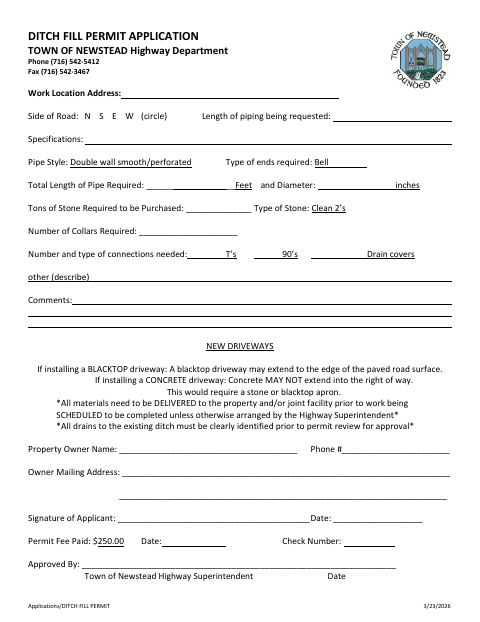 First page of the Ditch Fill Permit Application