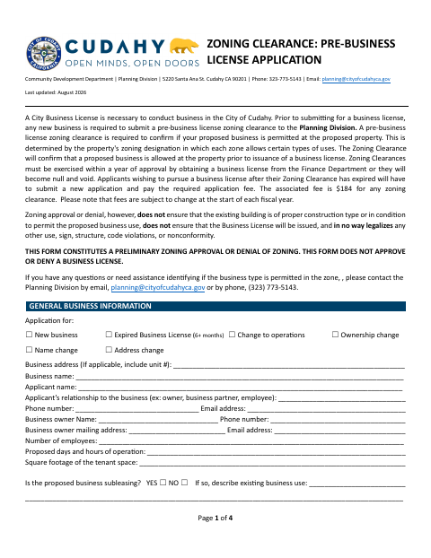 First page of the Zoning Clearance: Pre-Business License Application
