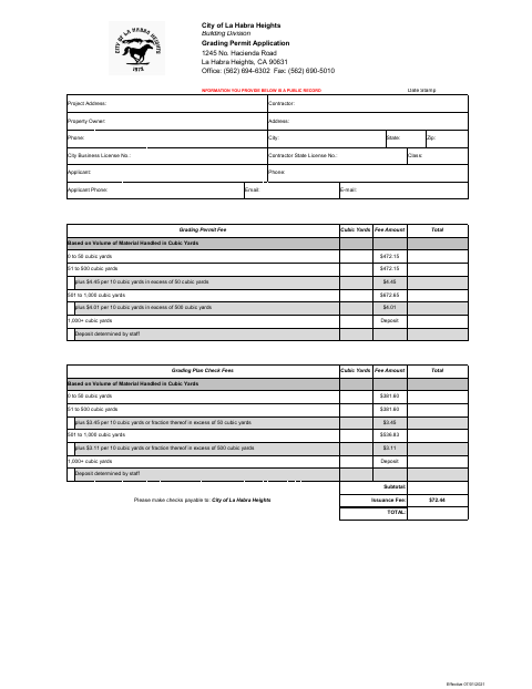 First page of the Grading Permit Application