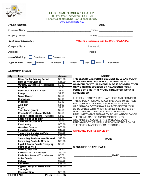 First page of the Electrical Permit Application