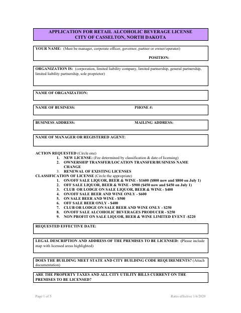 First page of the Retail Alcoholic Beverage License Application