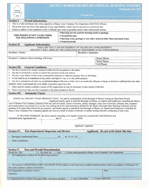 First page of the Recreational Burn Permit Application