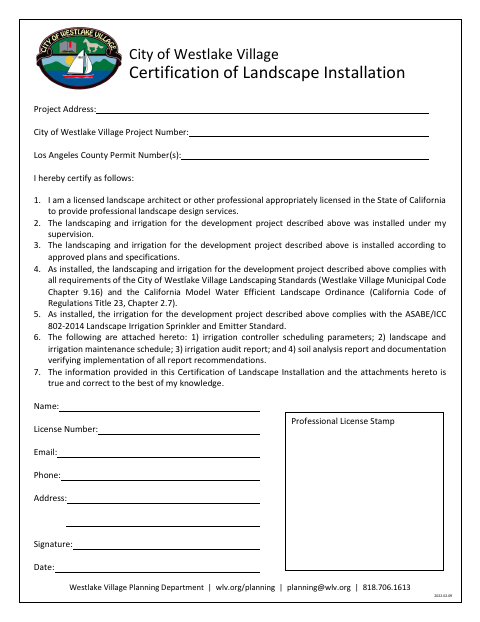 First page of the Certification of Landscape Installation