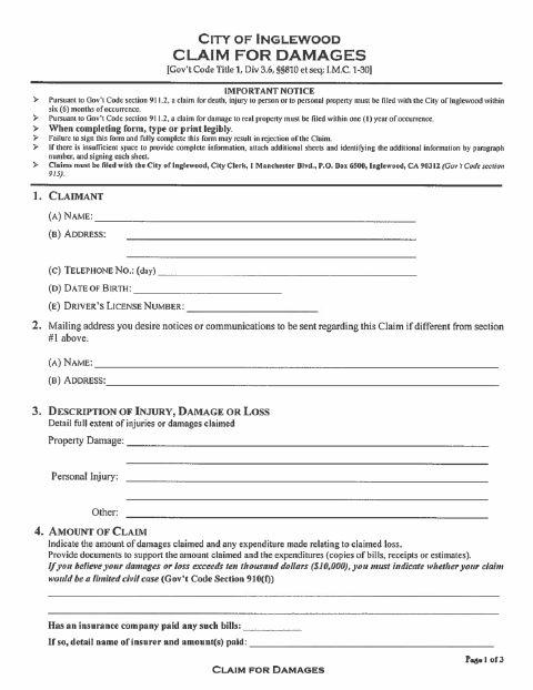 First page of the Claim for Damages
