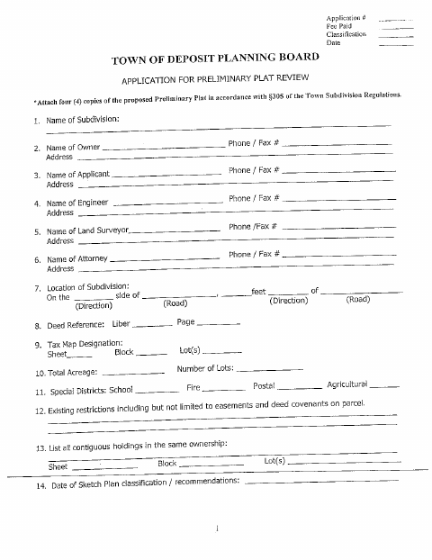 First page of the Preliminary Plat Review Application