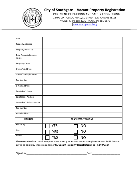 First page of the Vacant Property Registration Form