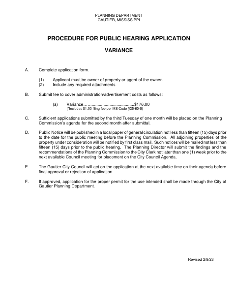First page of the Variance Application