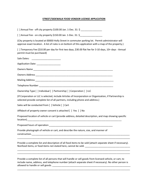 First page of the Street/Sidewalk Food Vendor License Application