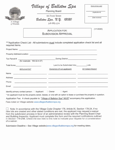 First page of the Subdivision Approval Application