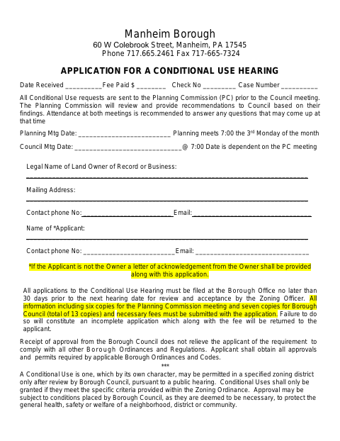 First page of the Application for a Conditional Use Hearing
