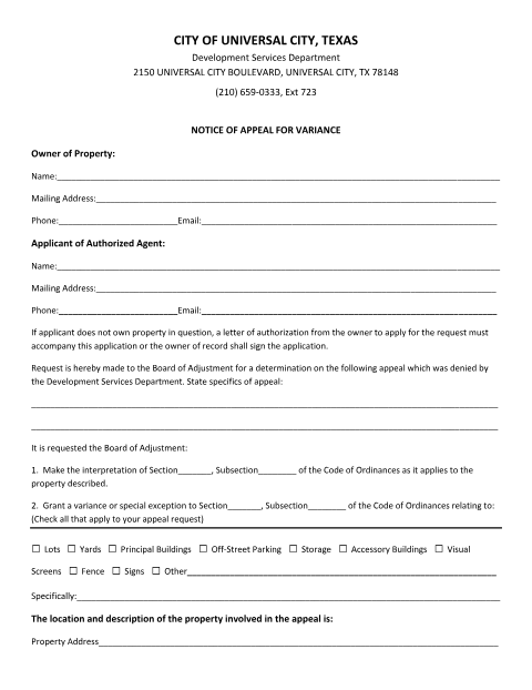 First page of the Notice of Appeal for Variance
