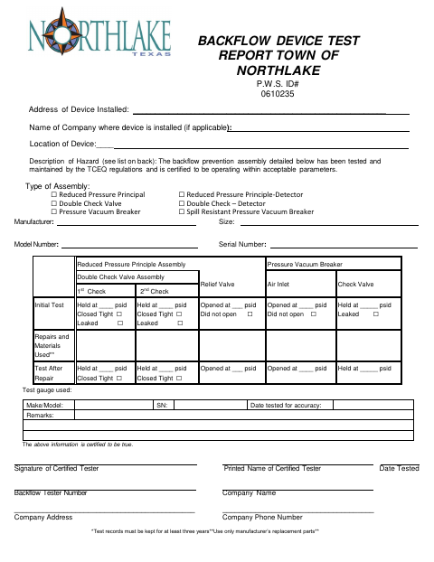 First page of the Backflow Device Test Report