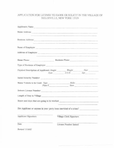 First page of the Application for License to Hawk or Solicit