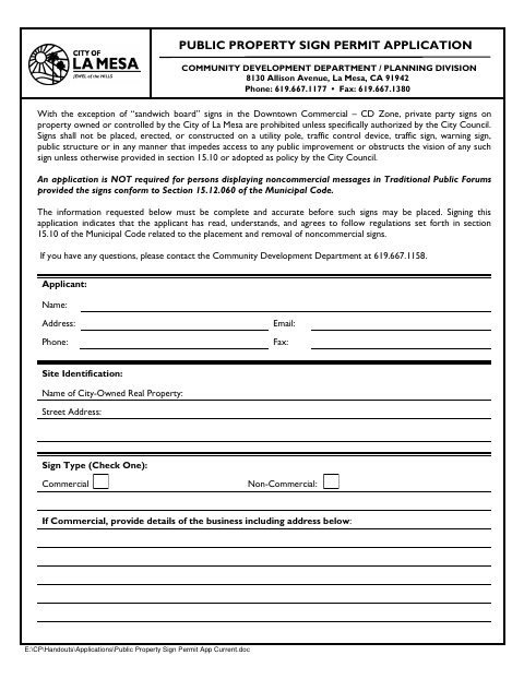First page of the Public Property Sign Permit Application