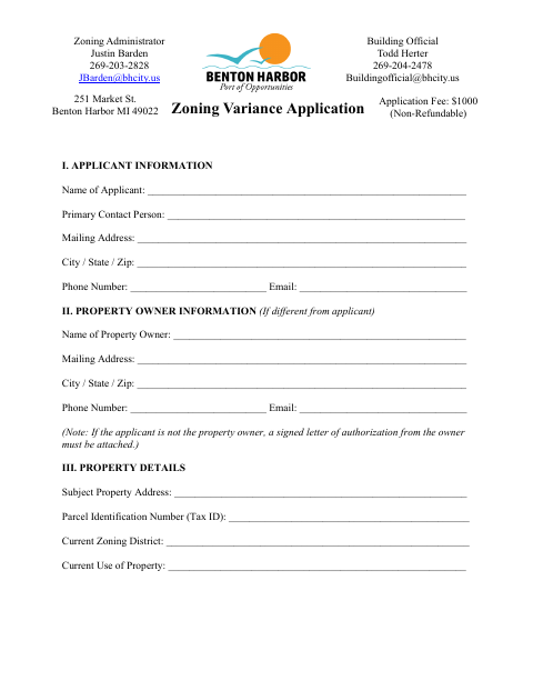 First page of the Zoning Variance Application