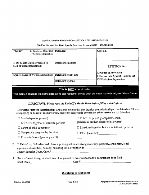 First page of the Protective Order Petition