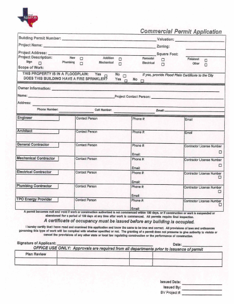 First page of the Commercial New Construction Permit Application