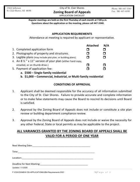 First page of the Zoning Board of Appeals Variance Application