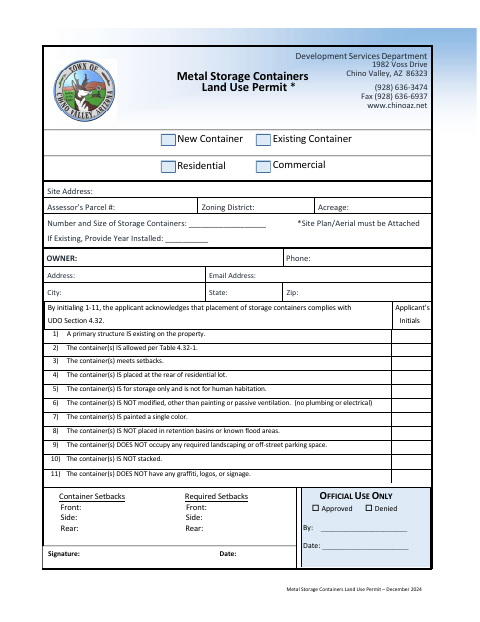 First page of the Metal Storage Containers Land Use Permit