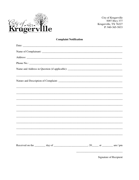 First page of the Complaint Notification Form