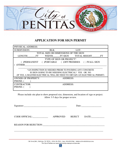First page of the Application for Sign Permit