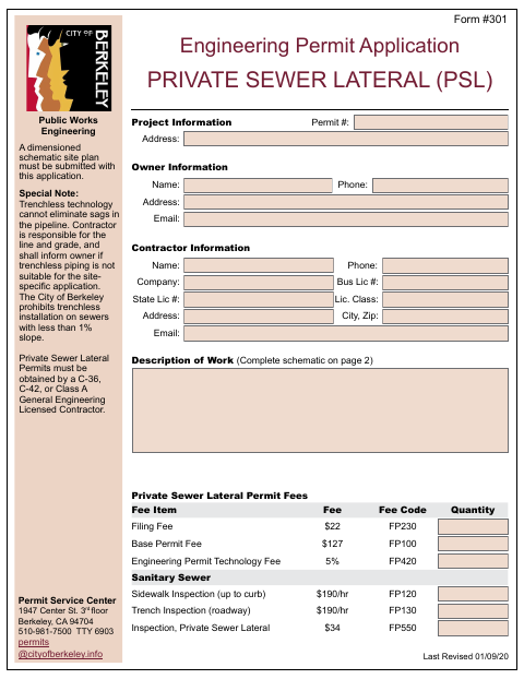 First page of the Engineering Permit Application Private Sewer Lateral