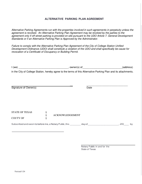 First page of the Alternative Parking Plan Agreement Signature Page