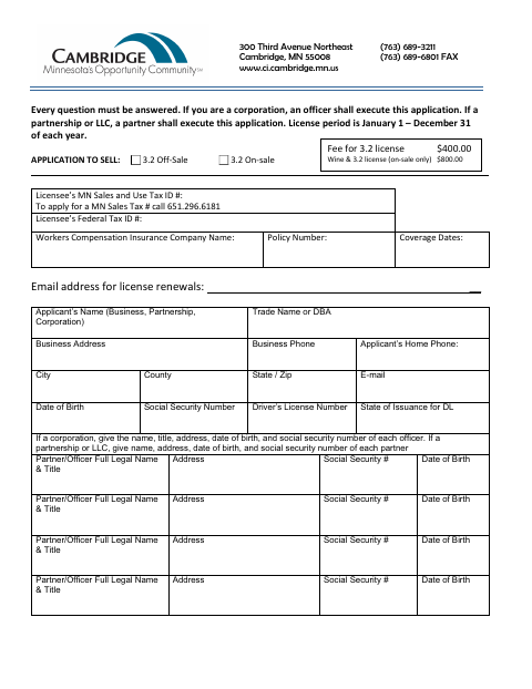 First page of the Liquor License Application