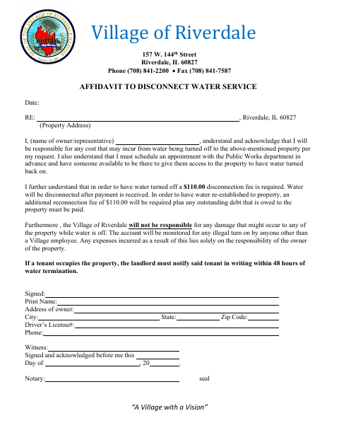 First page of the Affidavit to Disconnect Water Service