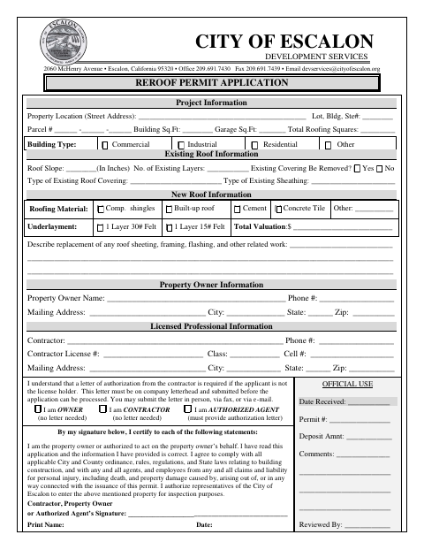 First page of the Reroof Permit Application