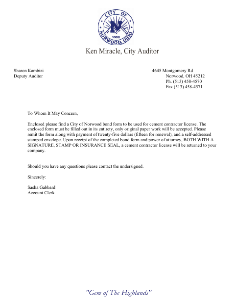 First page of the Auditor Cement Contractor Bond Form