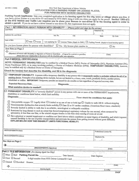First page of the Application for a Parking Permit or License Plates for Persons With Severe Disabilities