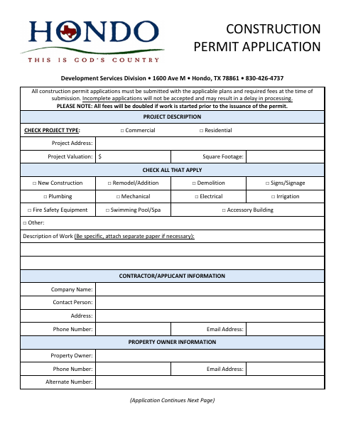 First page of the Construction Permit Application