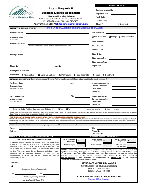 First page of the Business License Application