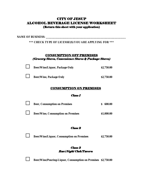 First page of the Alcohol Beverage License Renewal Worksheet