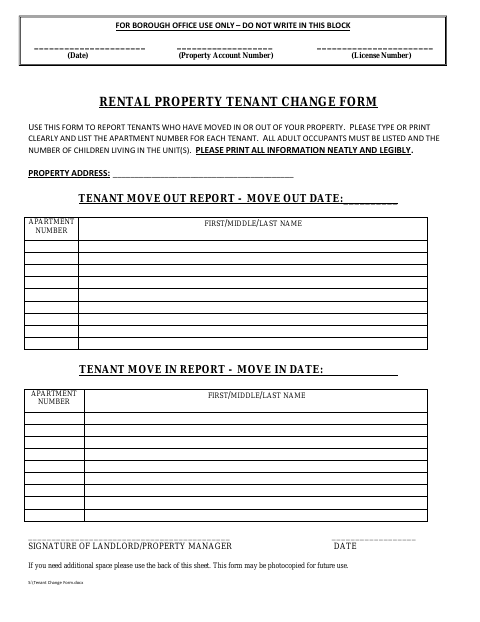 First page of the Rental Property Tenant Change Form