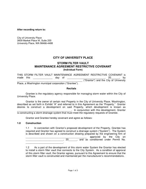 First page of the Storm Filter Vault Maintenance Agreement and Restrictive Covenant