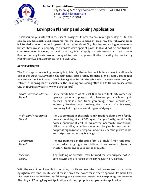 First page of the Planning and Zoning Application