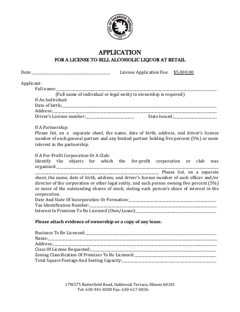 First page of the Application for a License to Sell Alcoholic Liquor at Retail