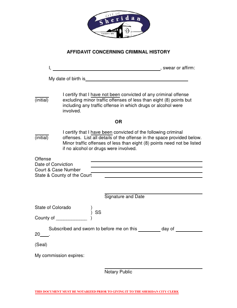 First page of the Affidavit Concerning Criminal History