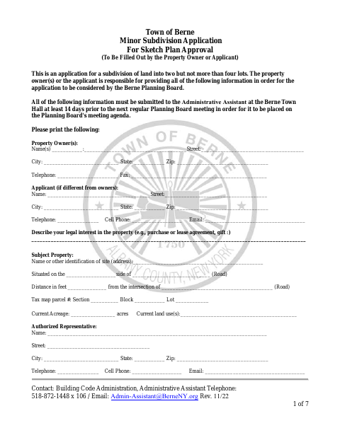 First page of the Minor Subdivision Sketch Plan Application