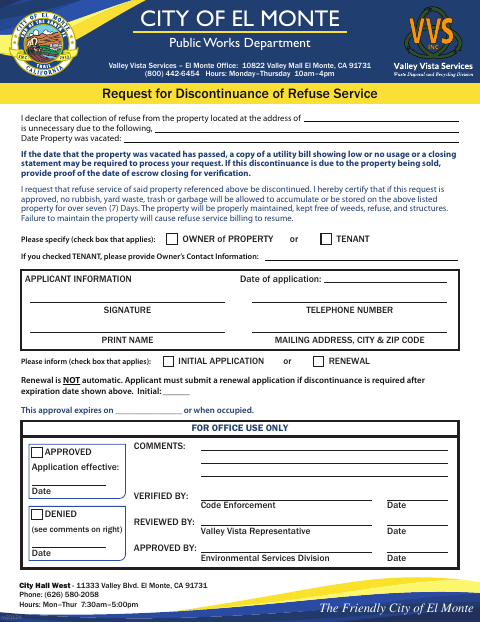 First page of the Request for Discontinuance of Refuse Service