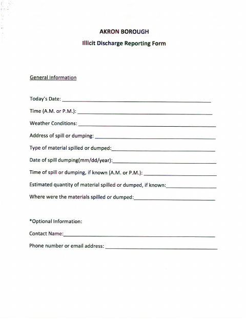 First page of the Illicit Discharge Reporting Form