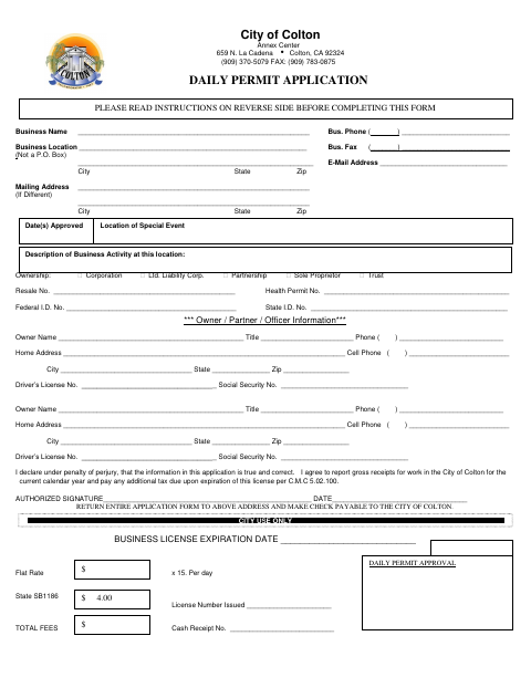 First page of the Daily Permit Application