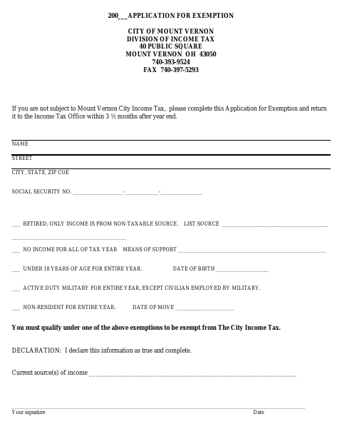 First page of the Application for Exemption (City Income Tax)